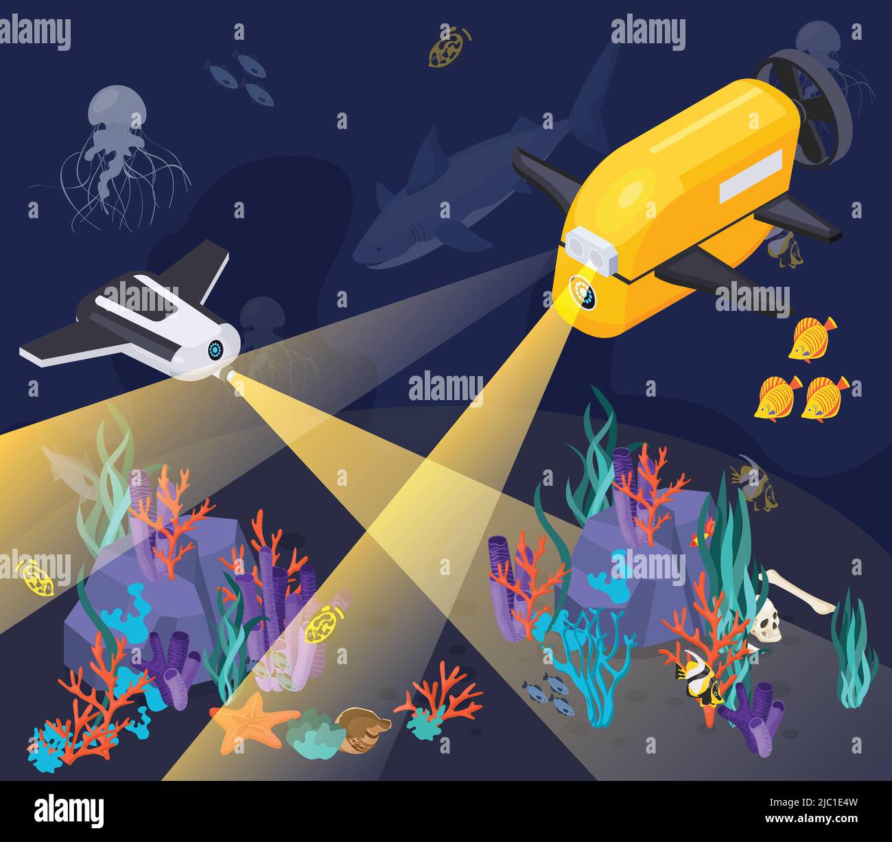Isometric underwater vehicles machines equipment composition with two machines dive into a deep sea vector illustration Stock Vector