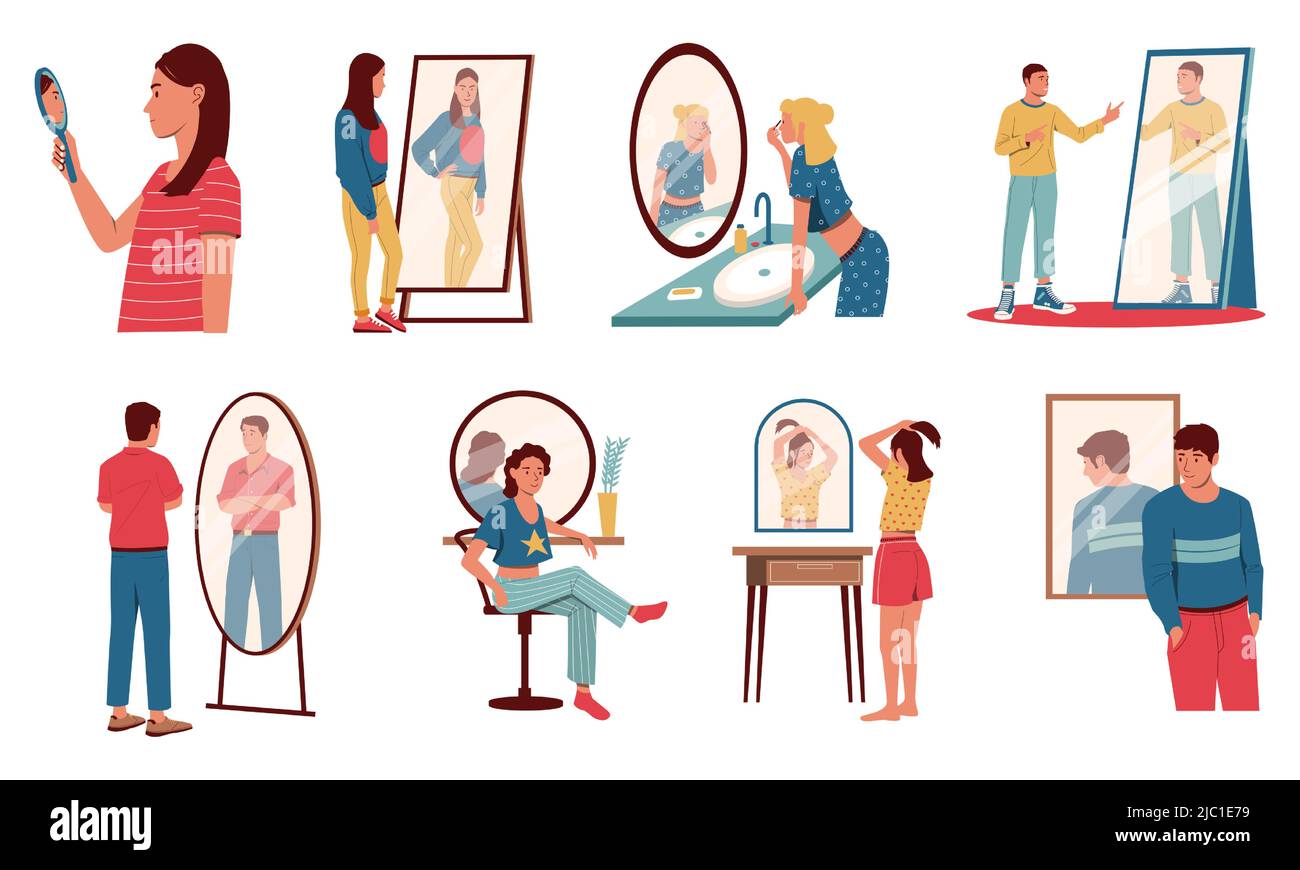 People look in mirror. Cartoon characters seeing reflections of themselves, concept of egoistic or narcissistic person, man and women proud and accept Stock Vector