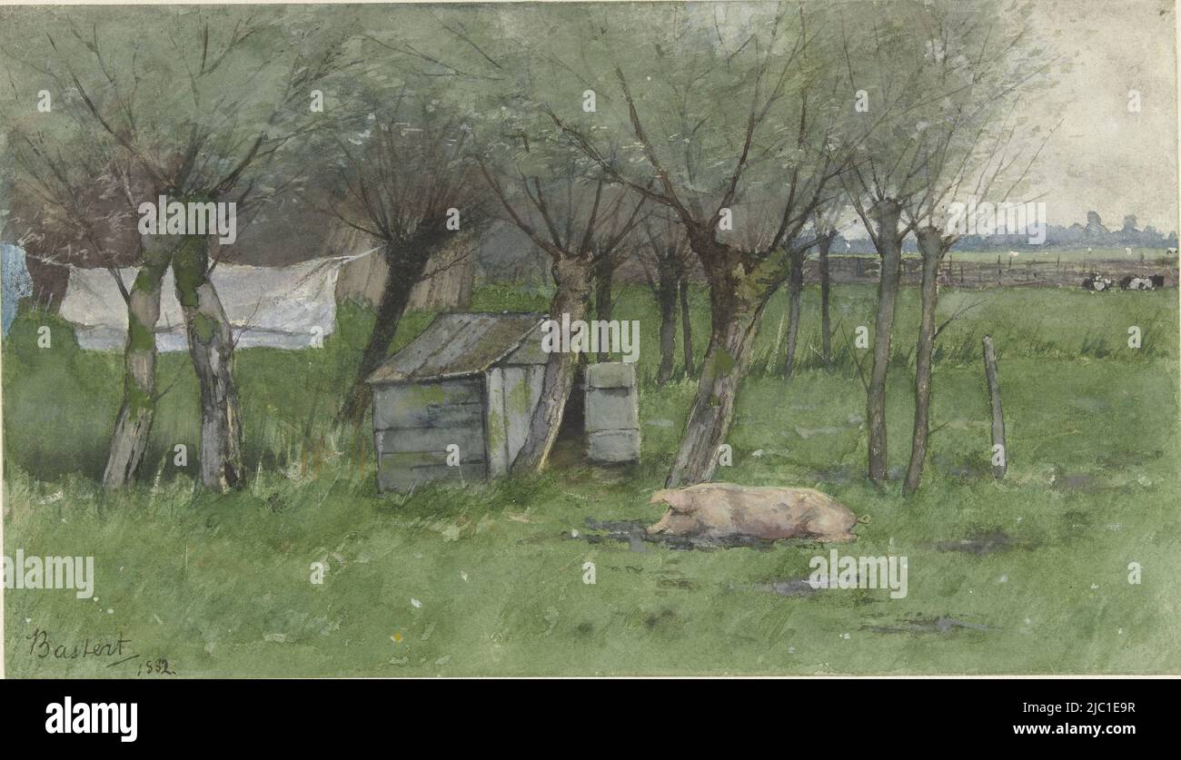 Farmyard with lying pig in a pen under the willows, Farmyard with lying pig, draughtsman: Nicolaas Bastert, 1882, paper, brush, h 188 mm × w 330 mm Stock Photo