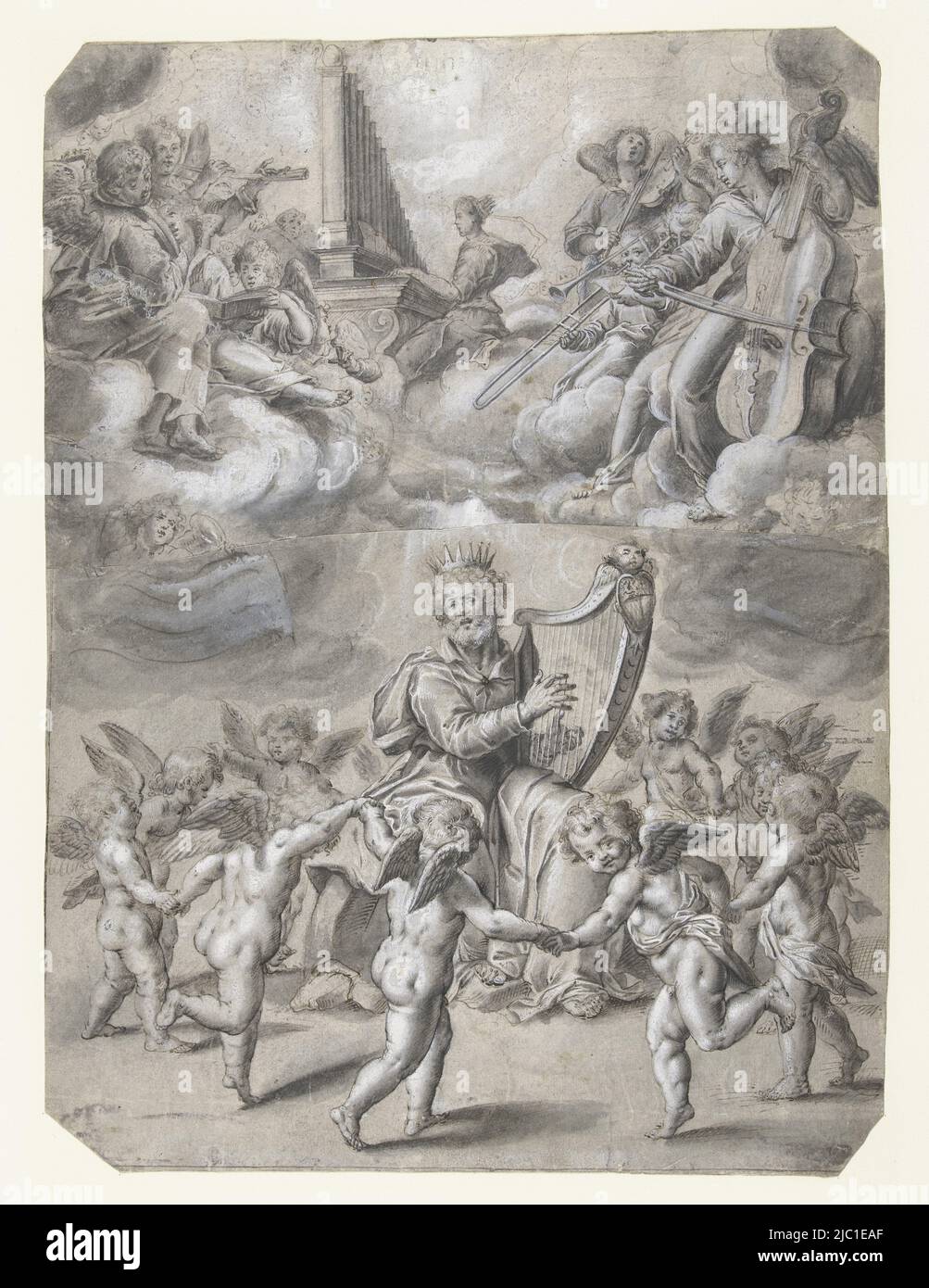 Design for a print, song of praise by King David and Saint Cecilia, draughtsman: Peter de Witte, 1586 - 1628, paper, pen, brush, h 329 mm × w 245 mm Stock Photo
