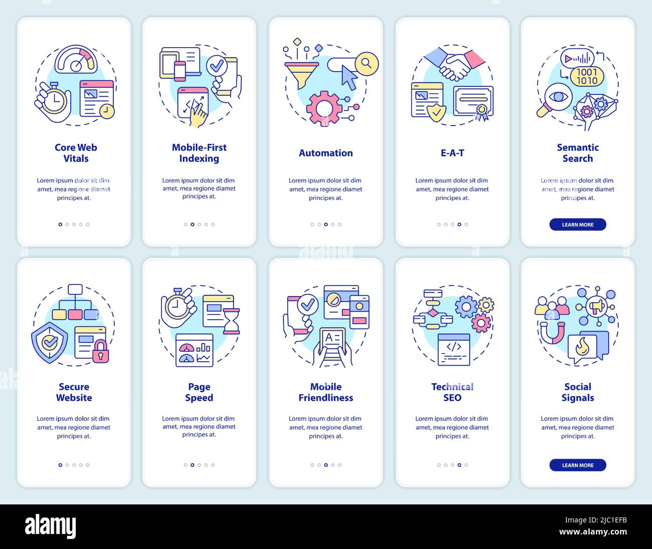 Search engine optimization onboarding mobile app screen set Stock Vector