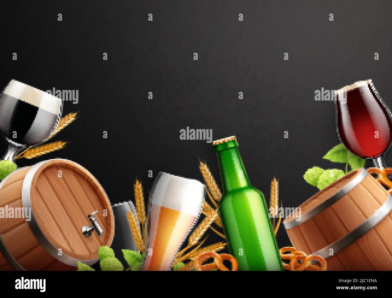Beer realistic background composition with empty space surrounded by beer glasses bottles