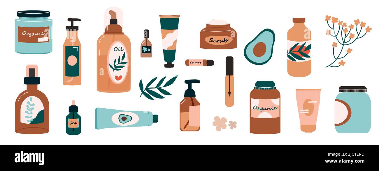 Organic skin care cosmetics. Beauty cream natural scrub and eco shampoo, make up products in different packaging. Vector bottles jars tubes for face Stock Vector