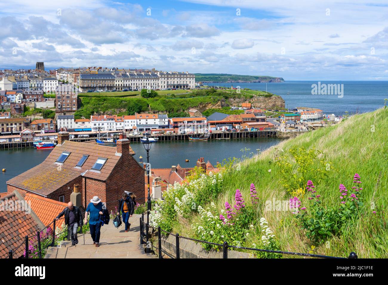 People walking up the 199 steps from Whitby town to the Abbey Whitby Yorkshire Whitby North Yorkshire England Great Britain UK GB Europe Stock Photo