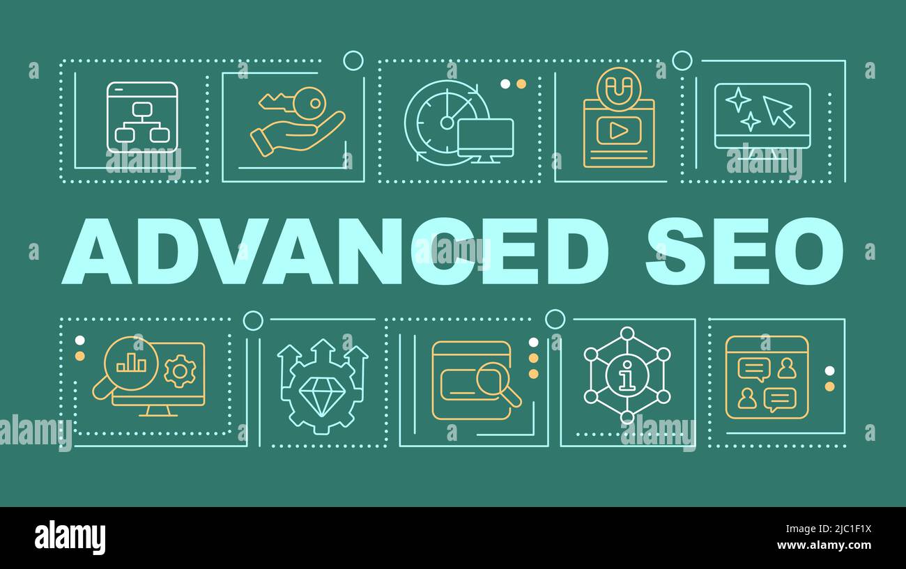 Advanced search engine optimization word concepts dark green banner Stock Vector