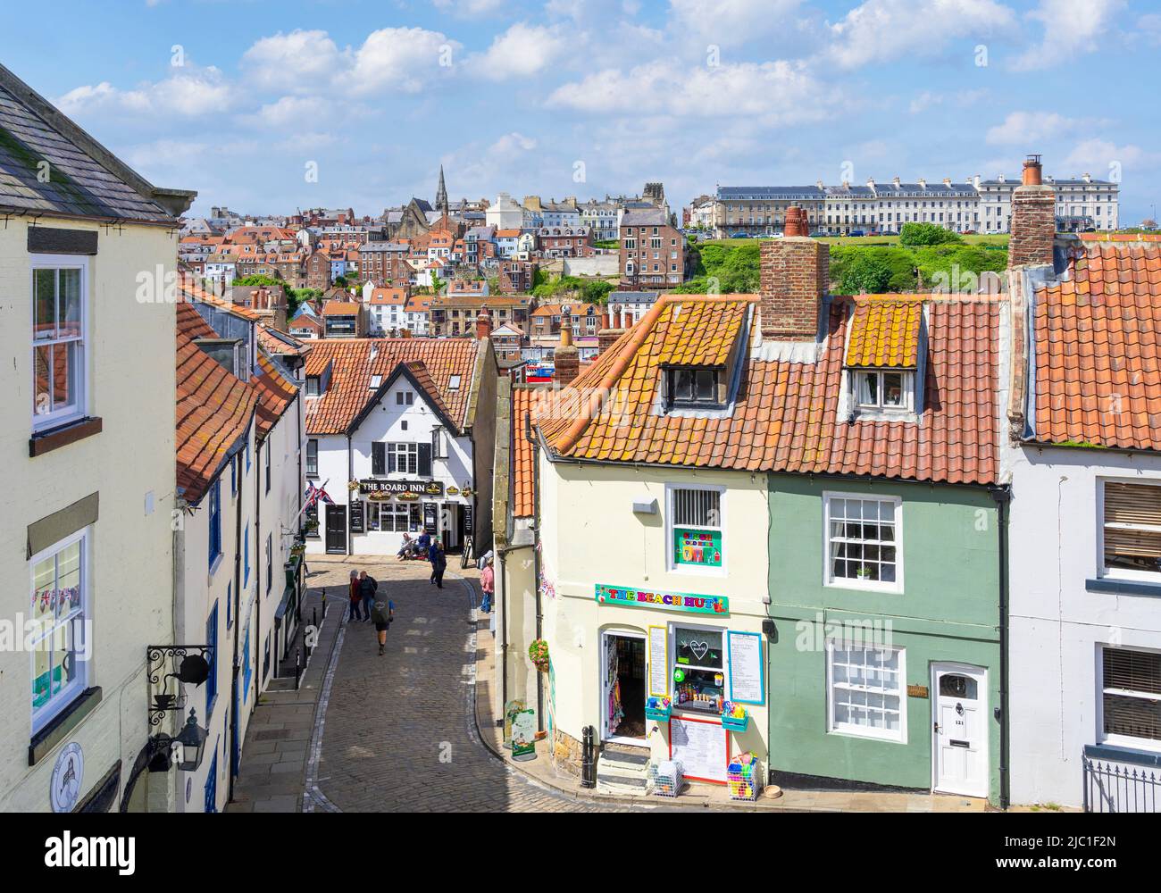 Whitby Yorkshire Church Lane shops and The Board Inn pub seen from the Abbey steps Whitby North Yorkshire England Great Britain UK GB Europe Stock Photo