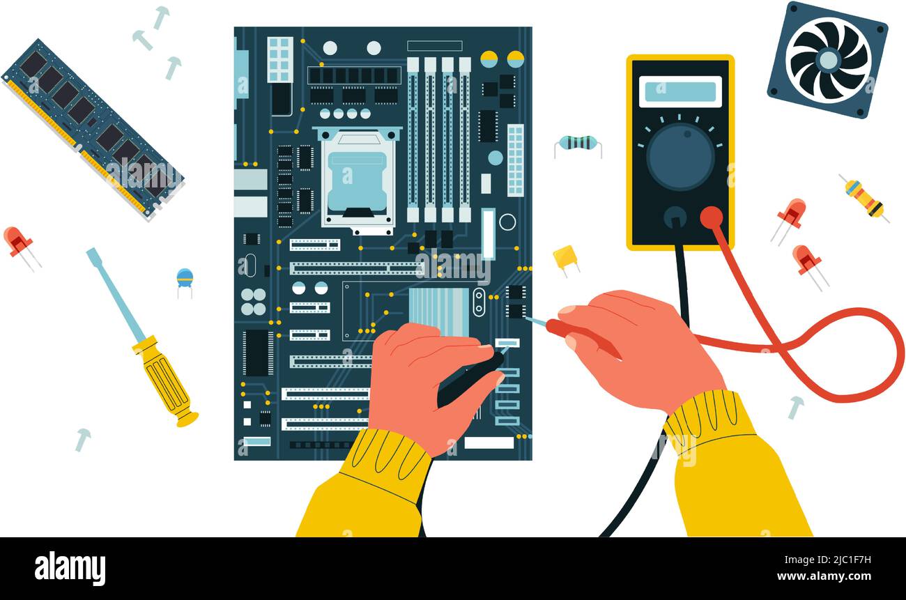Computer repair. Electric circuit troubleshooting and maintenance with tester, semiconductor hardware components recovery. Vector illustration Stock Vector