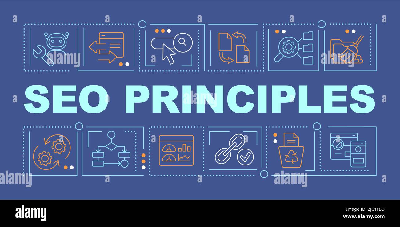 Search engine optimization principles word concepts dark blue banner Stock Vector