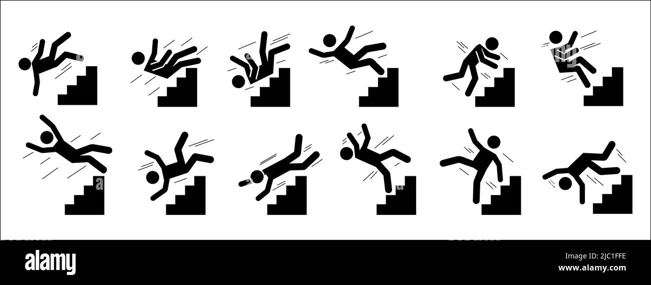Stick man fall down. Black silhouette pictograms of people falling from staircase and ladder, exhausted and tired persons. Vector set Stock Vector