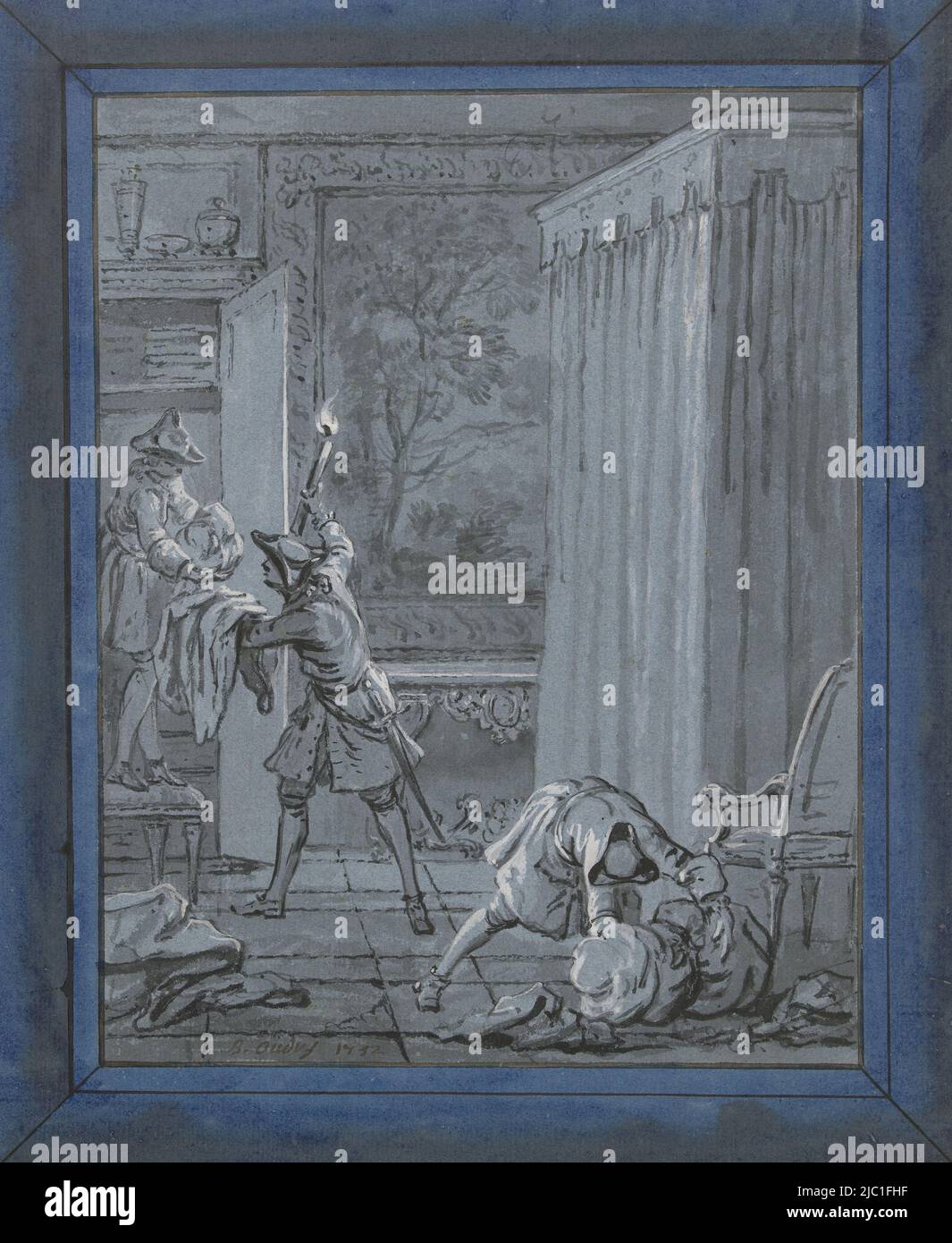 A burglary in a house. Design for a print, The husband, the wife and the thief / Le Mari, la Femme et le Voleur Illustrations for fables by Jean de La Fontaine (series title), draughtsman: Jean-Baptiste Oudry, 1732, paper, brush, h 311 mm × w 260 mm, h 242 mm × w 190 mm Stock Photo