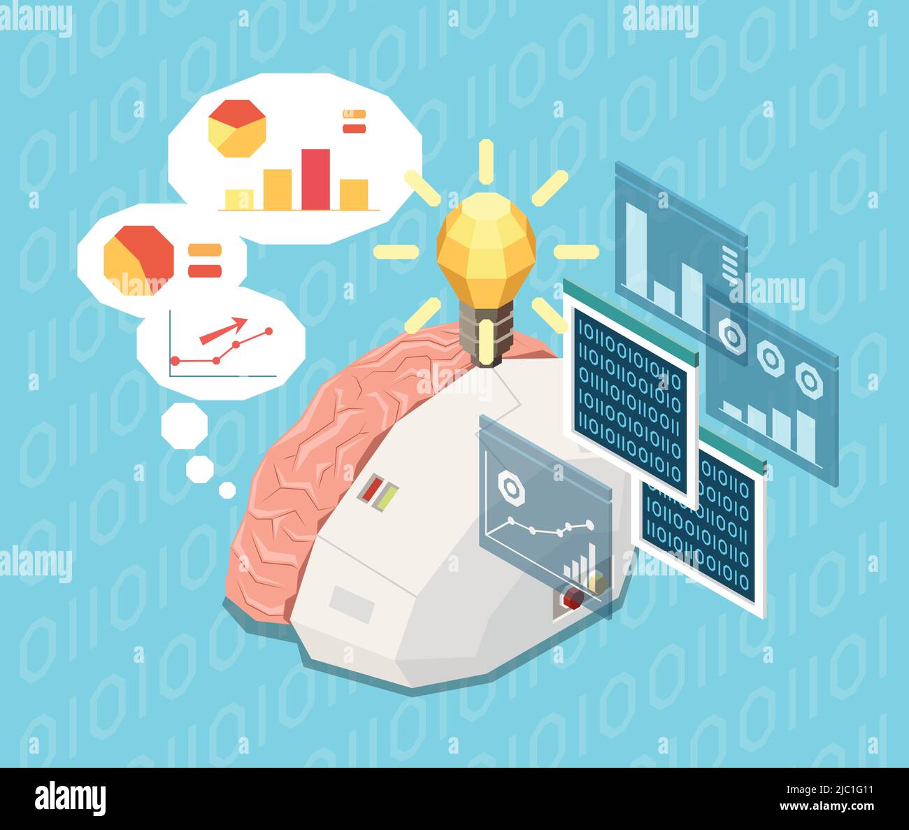 Artificial intelligence isometric composition with image of half electronic human brain thinking of graphs and data vector illustration Stock Vector