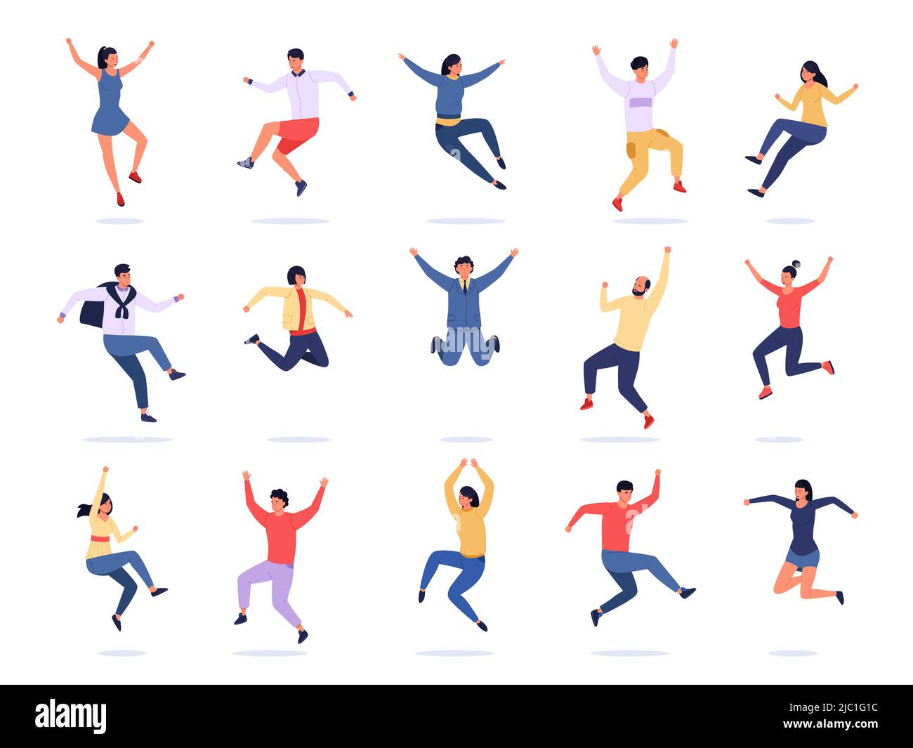 Jumping people. Happy young characters express emotions, teen group in ...