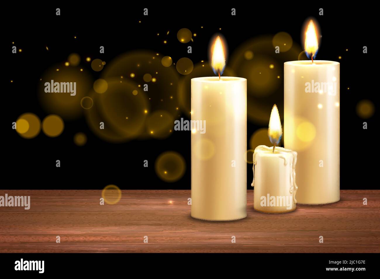 Realistic candles background composition with wooden surface and