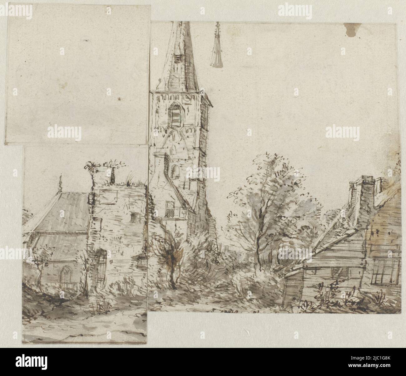 The drawing is cut into three pieces, View of the church tower near Rijnsburg., draughtsman: Isaac van Ostade, Netherlands, 1631 - 1649, paper, pen, h 190 mm × w 217 mm Stock Photo