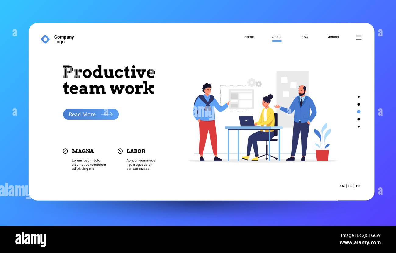Teamwork landing page. Business team of office characters working together, technology start up and creative work concept. Vector web site template Stock Vector
