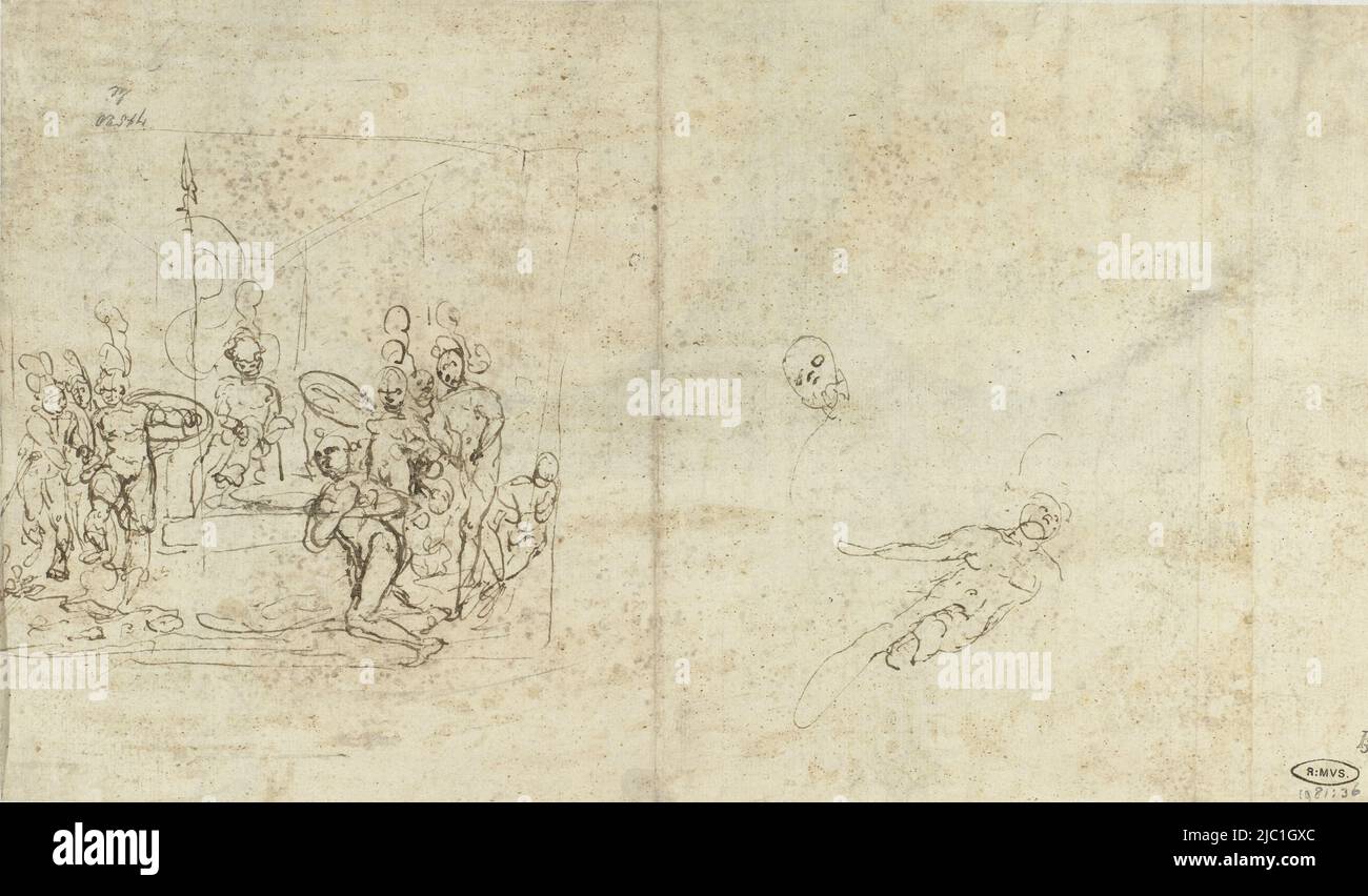 Tableau with a dignitary receiving a supplicant, sketches of a head and a lying body, dignitary and supplicant, a head and a body, draughtsman: Federico Zuccaro, 1564, paper, pen, h 227 mm × w 384 mm Stock Photo
