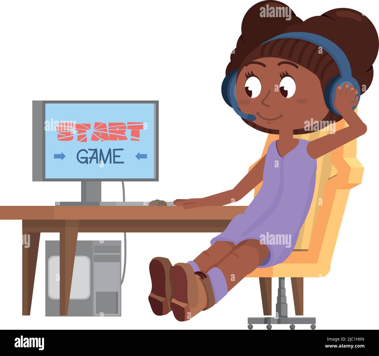 Gamer girl character. Kid playing computer games Stock Vector