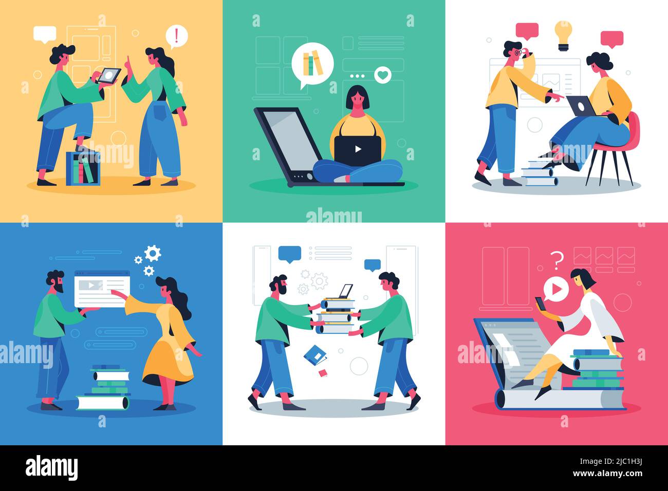 Online education concept 6 trendy flat compositions with accessing ...