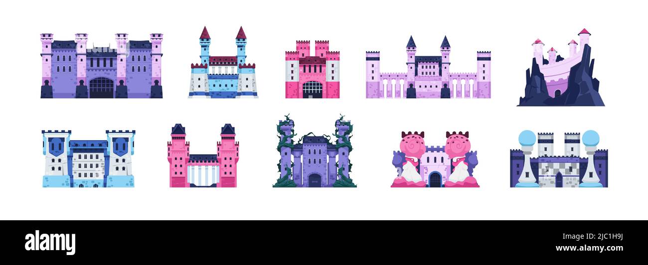 Fairytale castles. Cartoon medieval historic fortress with towers, stone walls and wooden gate, old kingdom palace. Vector fort isolated set Stock Vector