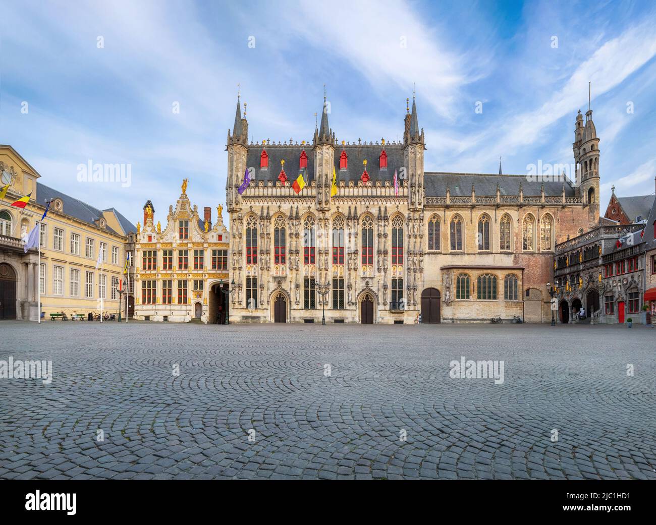 Bruges, Belgium. Wide angle view of historic Town Hall building Stock Photo
