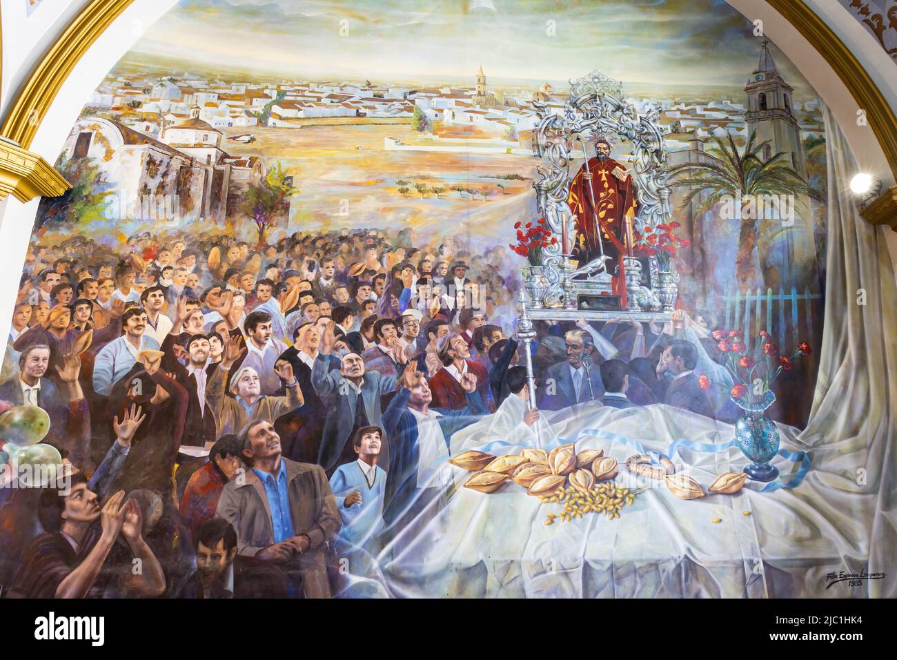 Trigueros, Huelva, Spain - April 17, 2022: fresco painting of San Antonio Abad (Saint Anthony Abbot) in procession, saint of trigueros, painted in the Stock Photo