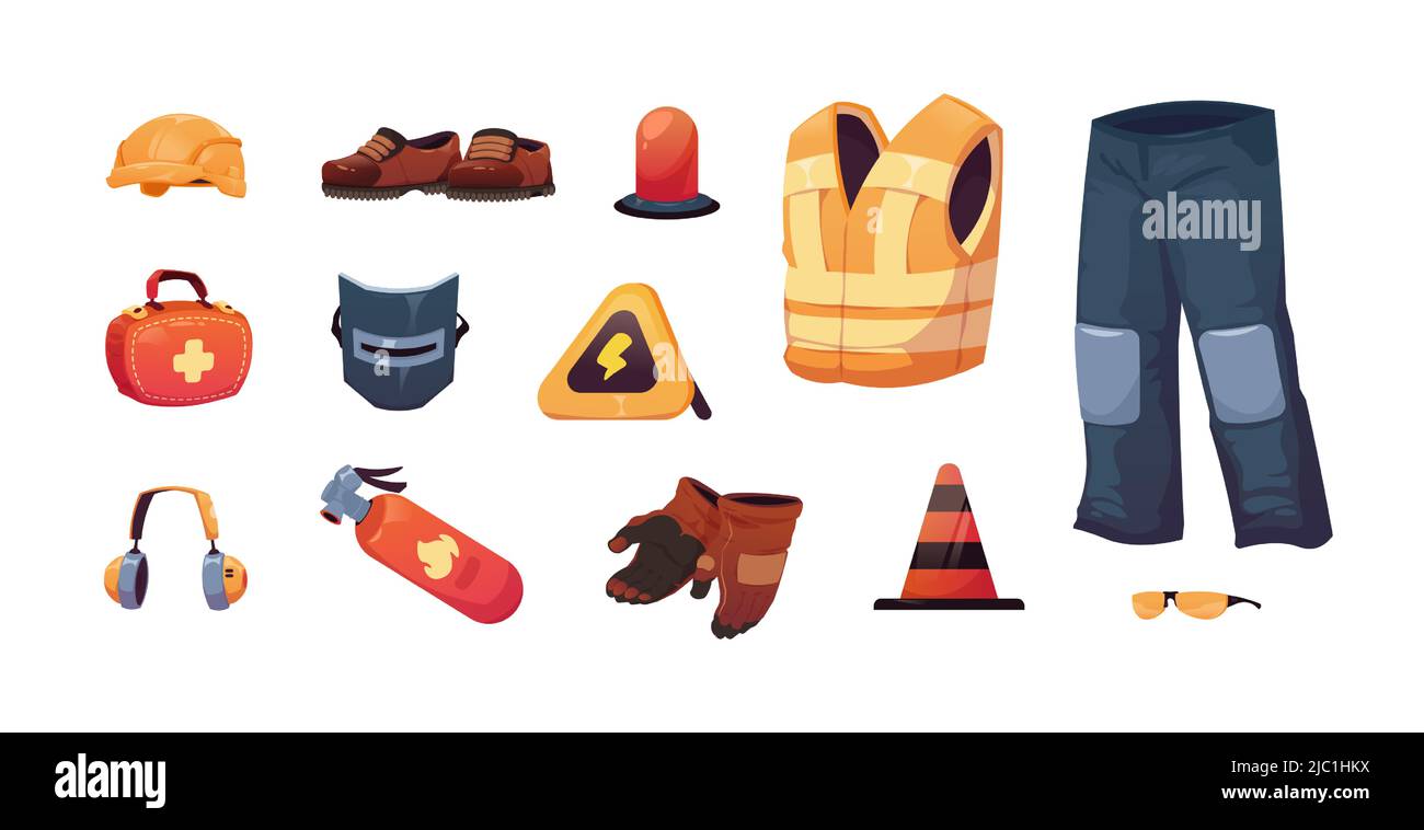 Safety equipment. Worker personal security clothes and tools, helmet glasses gloves mask