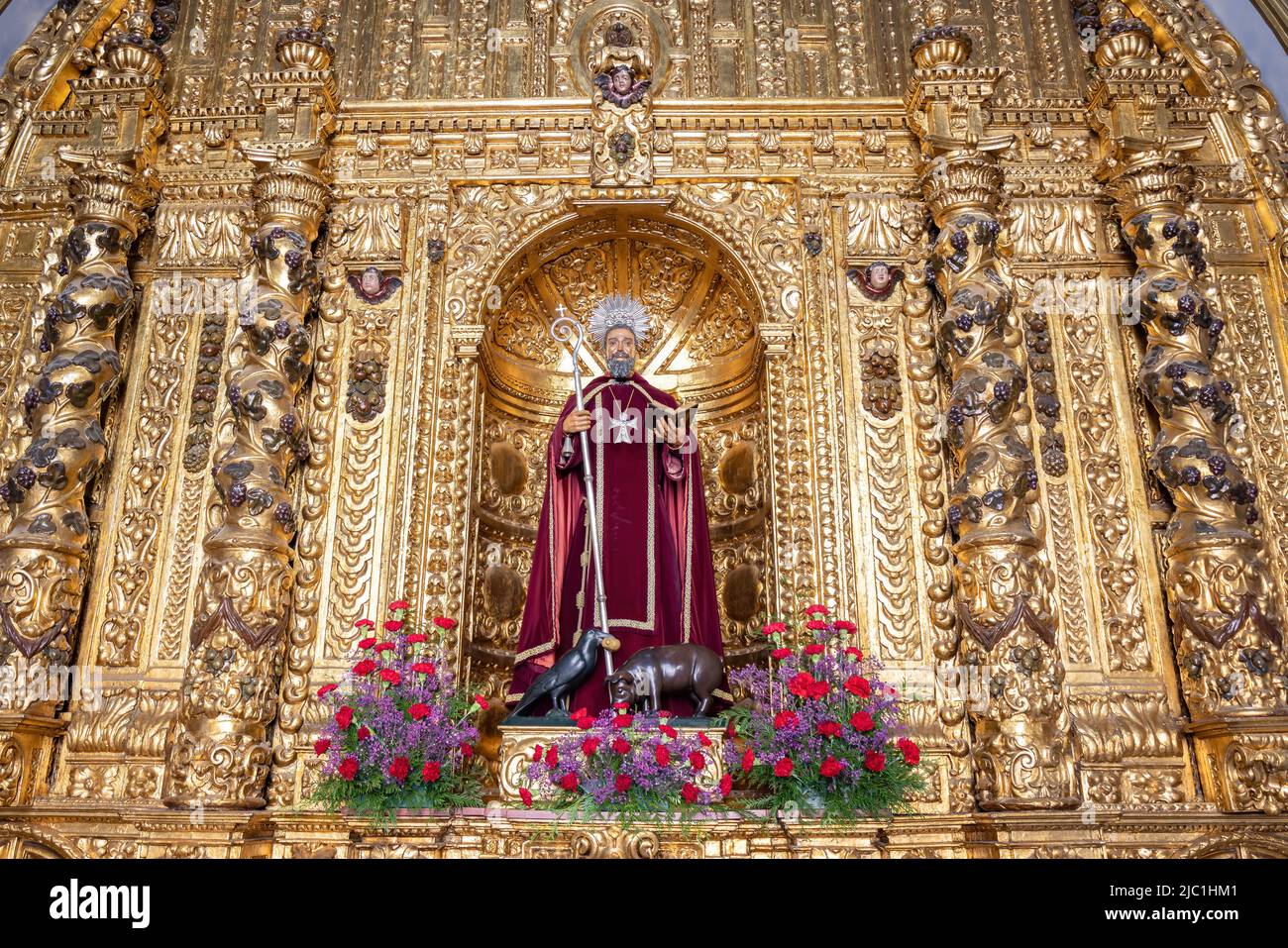 Trigueros, Huelva, Spain - April 17, 2022: Sculpture of San Antonio Abad (Saint Anthony Abbot),saint of trigueros, in its golden chapel Stock Photo