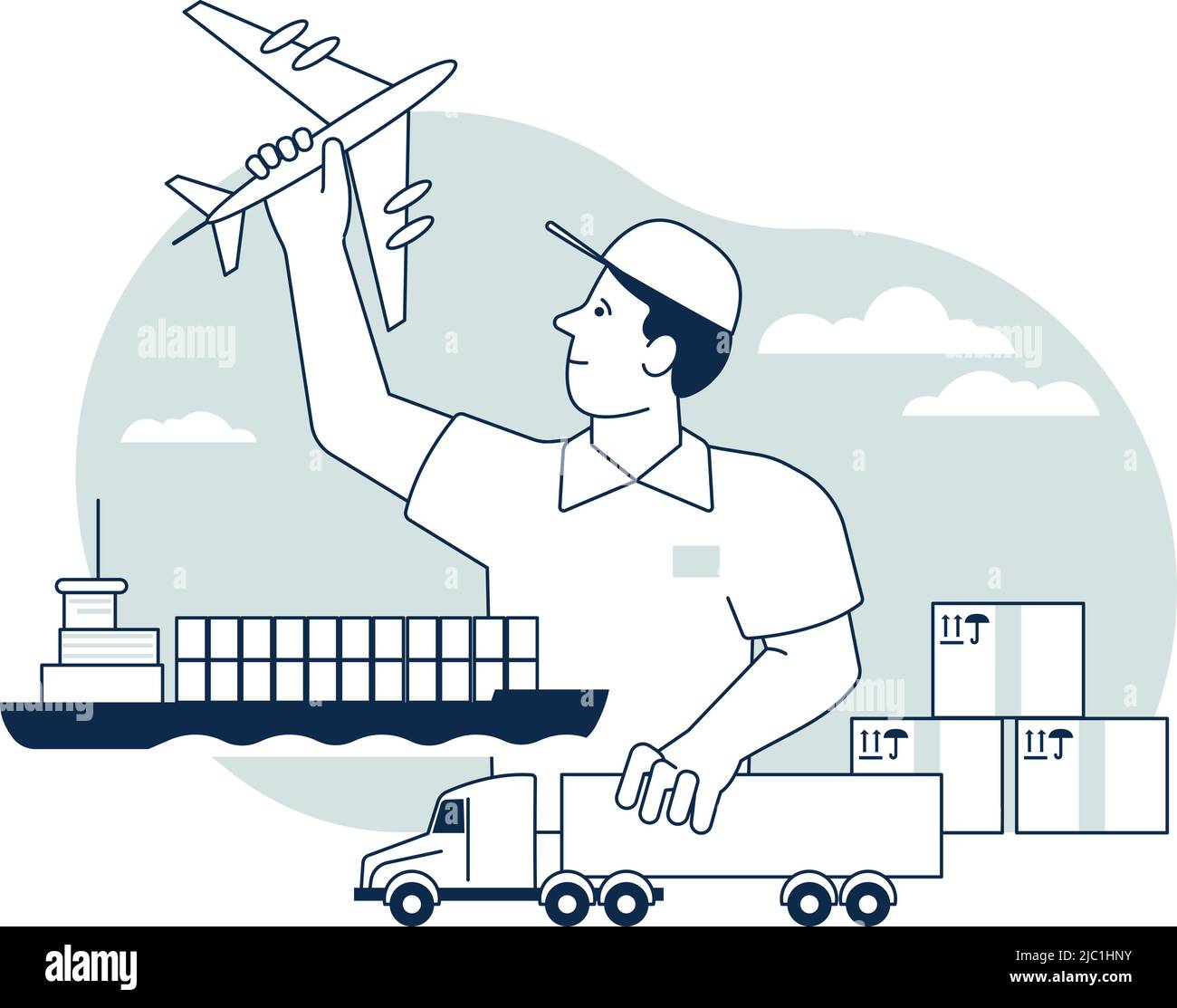 Cargo transportation concept. Marine shipping with freight plane and trucks Stock Vector