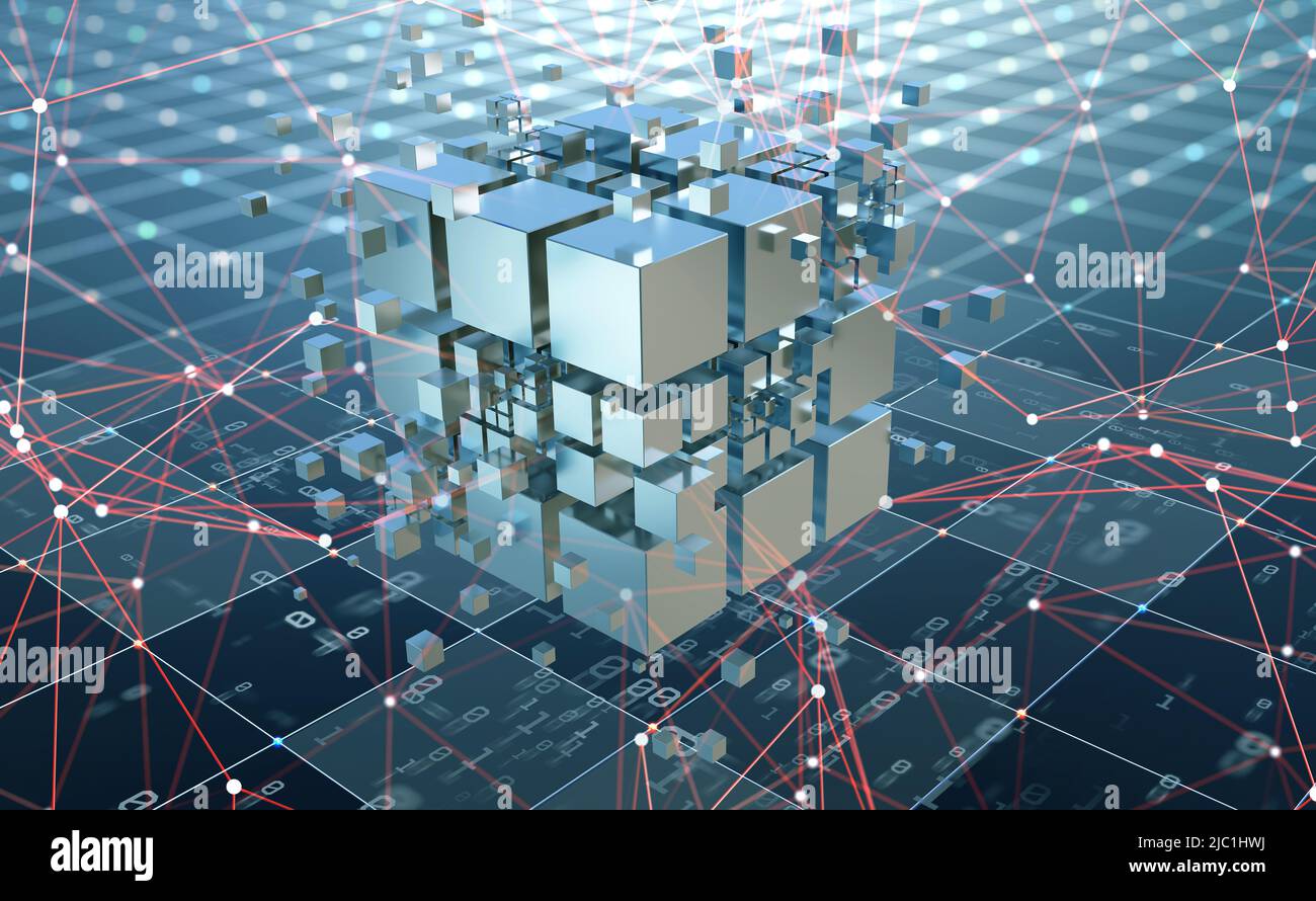 Hitech Square blocks are collected in a cubic array against the background of information