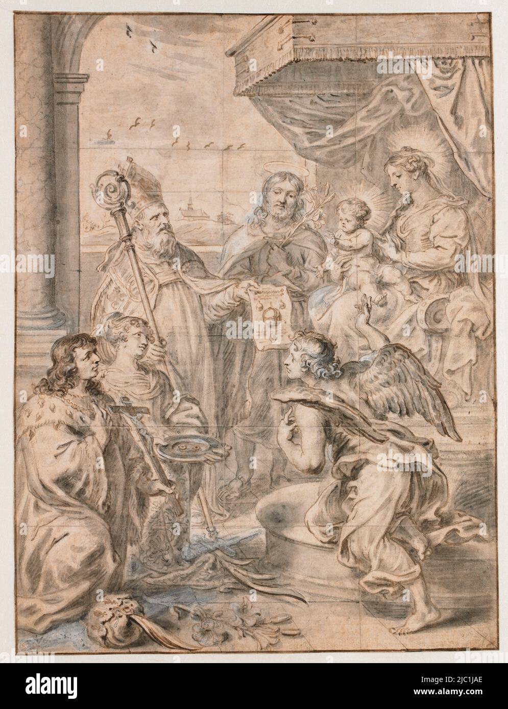 Holy Family with Mary and Christ child on a throne, worshipped by three  saints, probably H. Lucia, a holy king (Henry of Germany?) and a holy  bishop. For the saints a kneeling