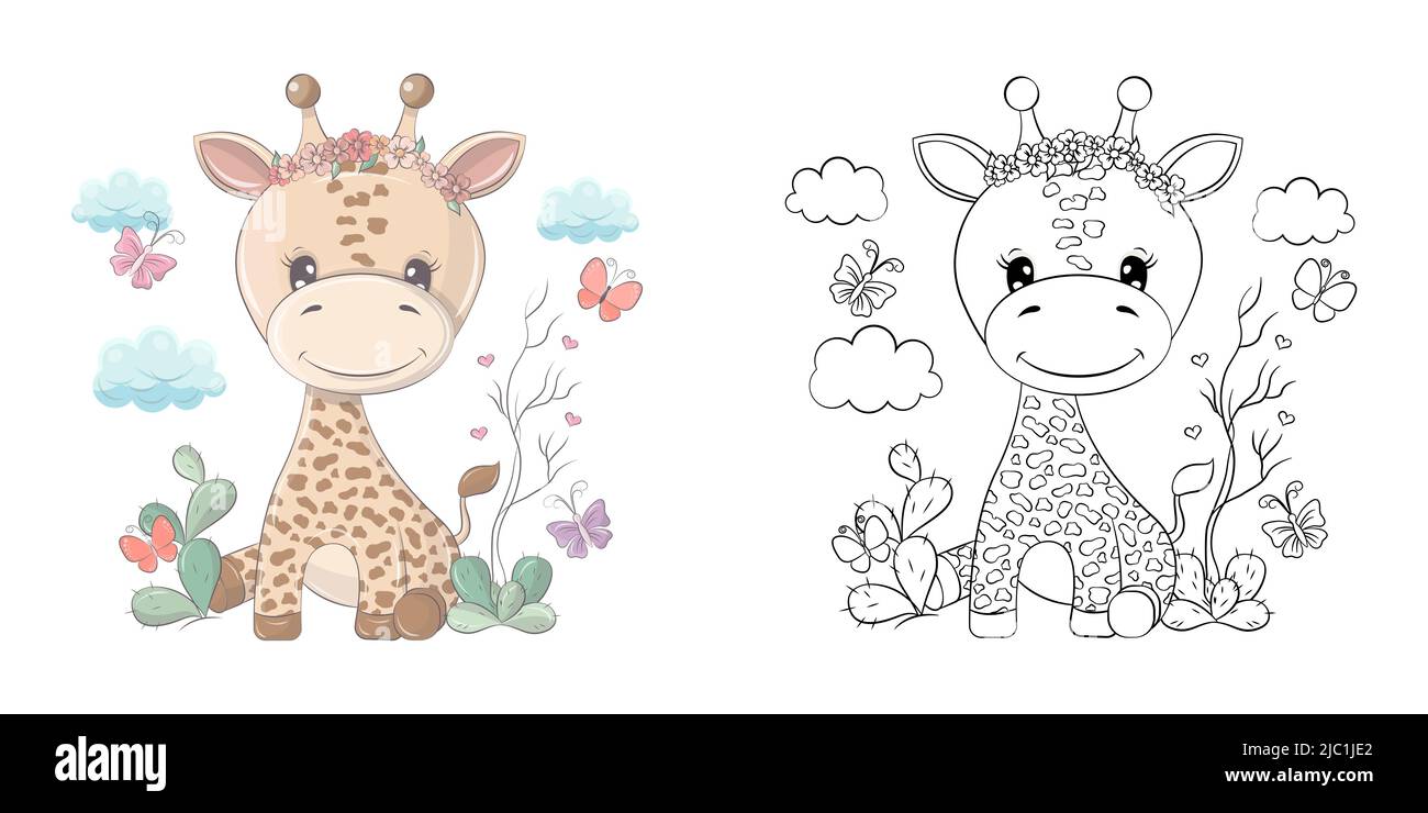 Cute Clipart Giraffe Illustration and For Coloring Page. Cartoon Clip Art Giraffe with Cacti and Butterflies. Illustration of an Animal for Stickers Stock Vector
