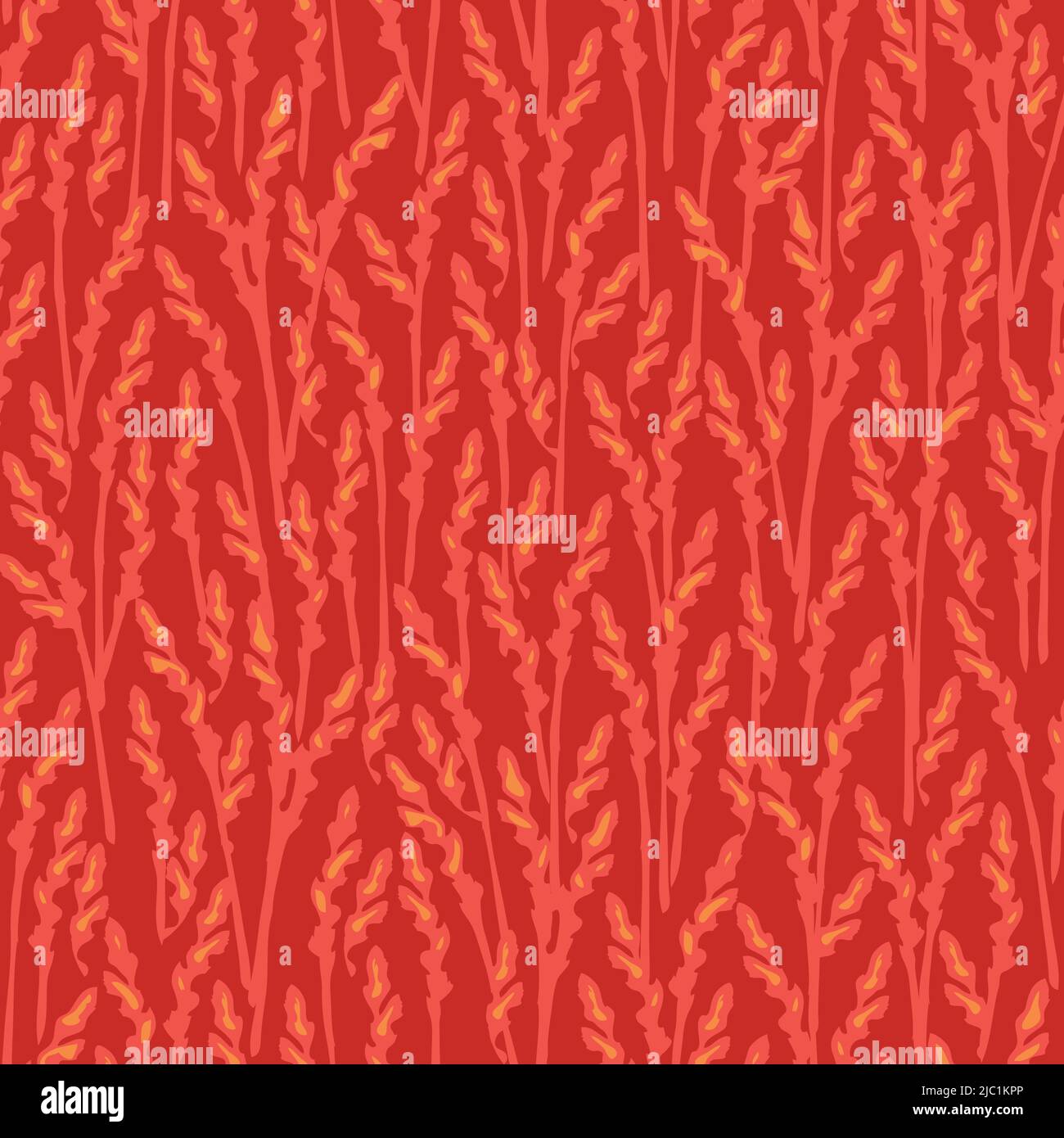 Seamless vector pattern with grass pattern on red background. Artistic rye meadow wallpaper design. Decorative fire fashion textile. Stock Vector