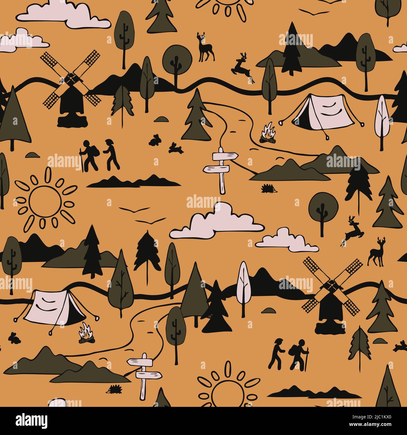 Seamless vector pattern with hiking landscape on yellow background. Simple lifestyle wallpaper design. Decorative summer holiday fashion textile. Stock Vector