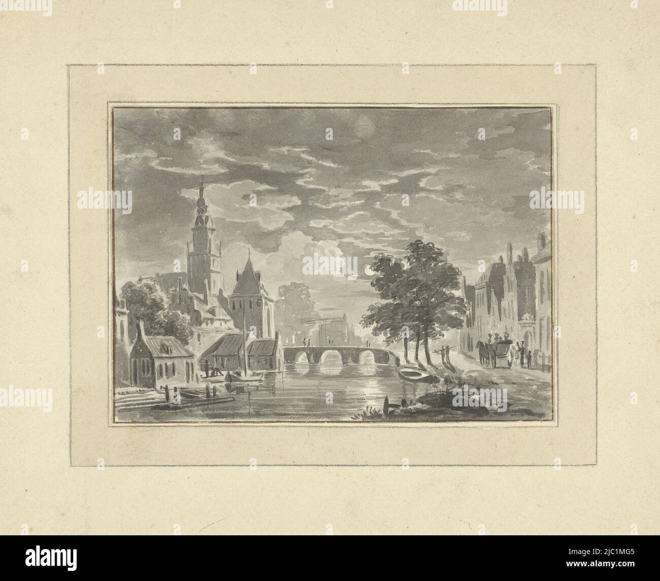 Cityscape by moonlight, draughtsman: Bartholomeus Johannes van Hove, 1800 - 1826, paper, brush, h 145 mm × w 201 mm Stock Photo