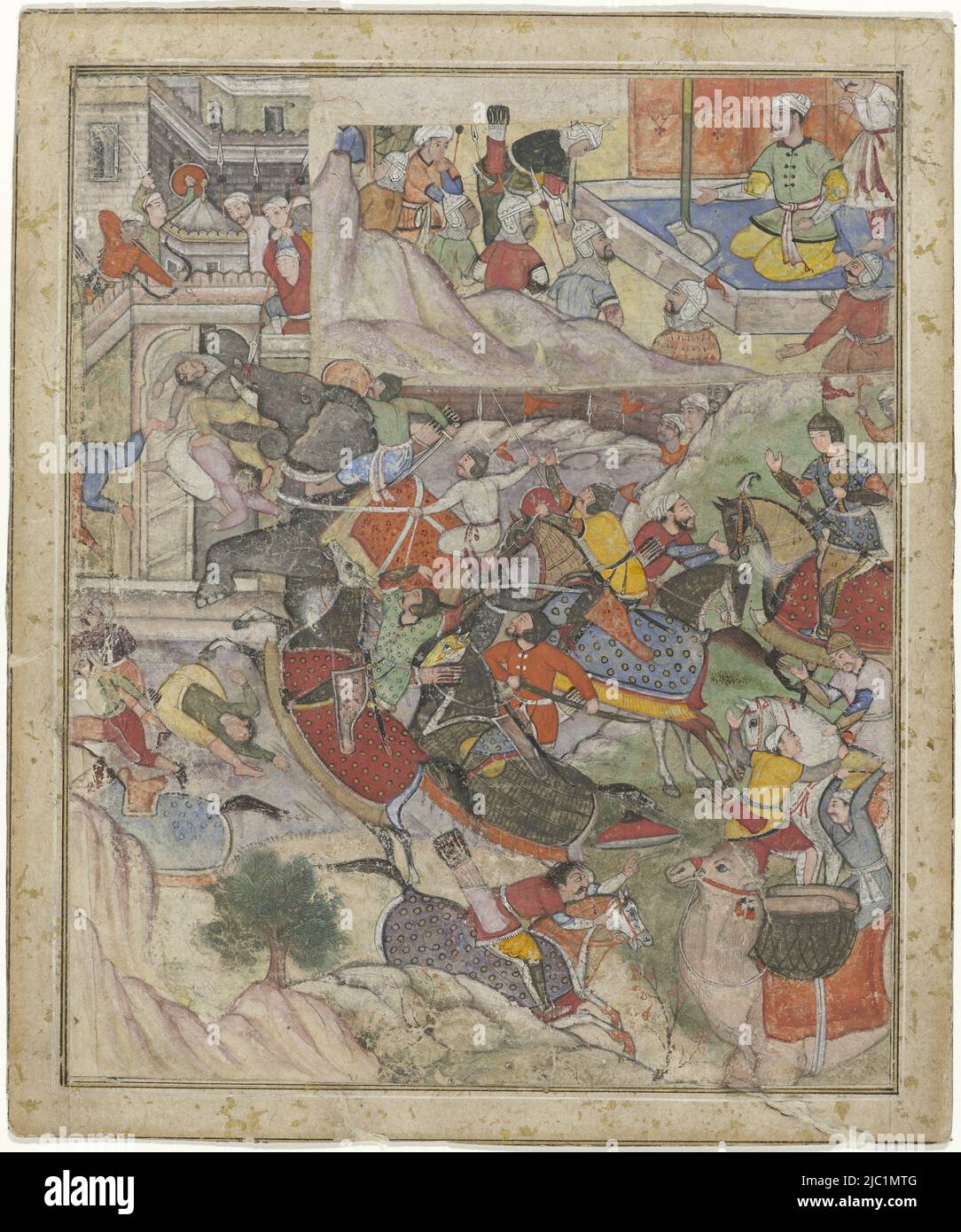 Most of the sheet depicts an attacking army near a city wall where defenders are defeated, in the top right insert a prince is sitting on a blue terrace facing warriors with a commanding officer bending in front of the prince. The depiction is framed by black frames with a piping of gold in it and a thin decorative border decorated with a goldsmith's armour, Siege of a city and a monarch speaking to an army commander., draughtsman: anonymous, 1590 - 1610, sierrand en kaderlijn, :, brush, brush, h 232 mm × w 195 mm, h 210 mm × w 173 mm Stock Photo