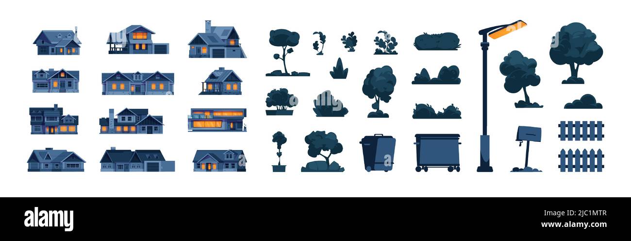 Night suburban elements. Cartoon cottage houses at night, bushes, trees, street lamps and garbage container. Vector night street constructor kit Stock Vector