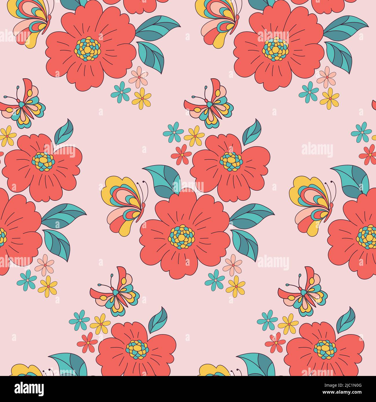 Baby and kids style abstract cute background, retro seamless pattern with  flowers, floral wrapping paper, 50s, 60s, 70s fashion trendy fabric, simple  ornament, template, layout for design, Stock vector