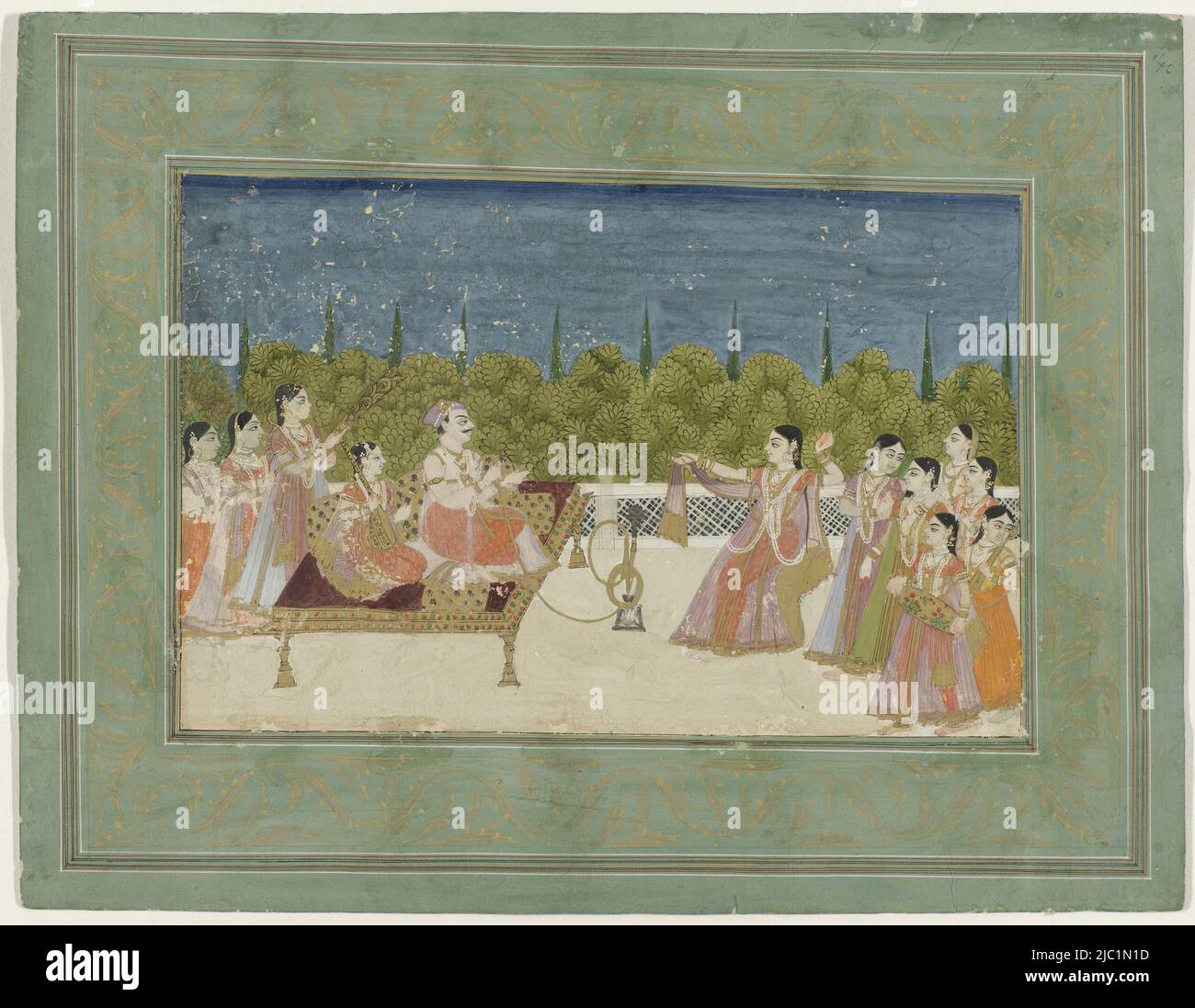 On a golden tabouret on a white terrace sits a royal couple on the left, the man holds the snake of the hookah, the woman behind him a tampoera, on the left behind the tabouret three servants, on the right in front of the tabouret a dancing woman with behind her a group of women, some of them holding a musical instrument, behind the terrrass bushes and cypresses. The representation is in frame lines of black, red and white, a golden piping around the inner edge, the outer edge of the leaf is in sky blue with foliage in gold, the vertical edges as wide as horizontal, around the painted edge Stock Photo