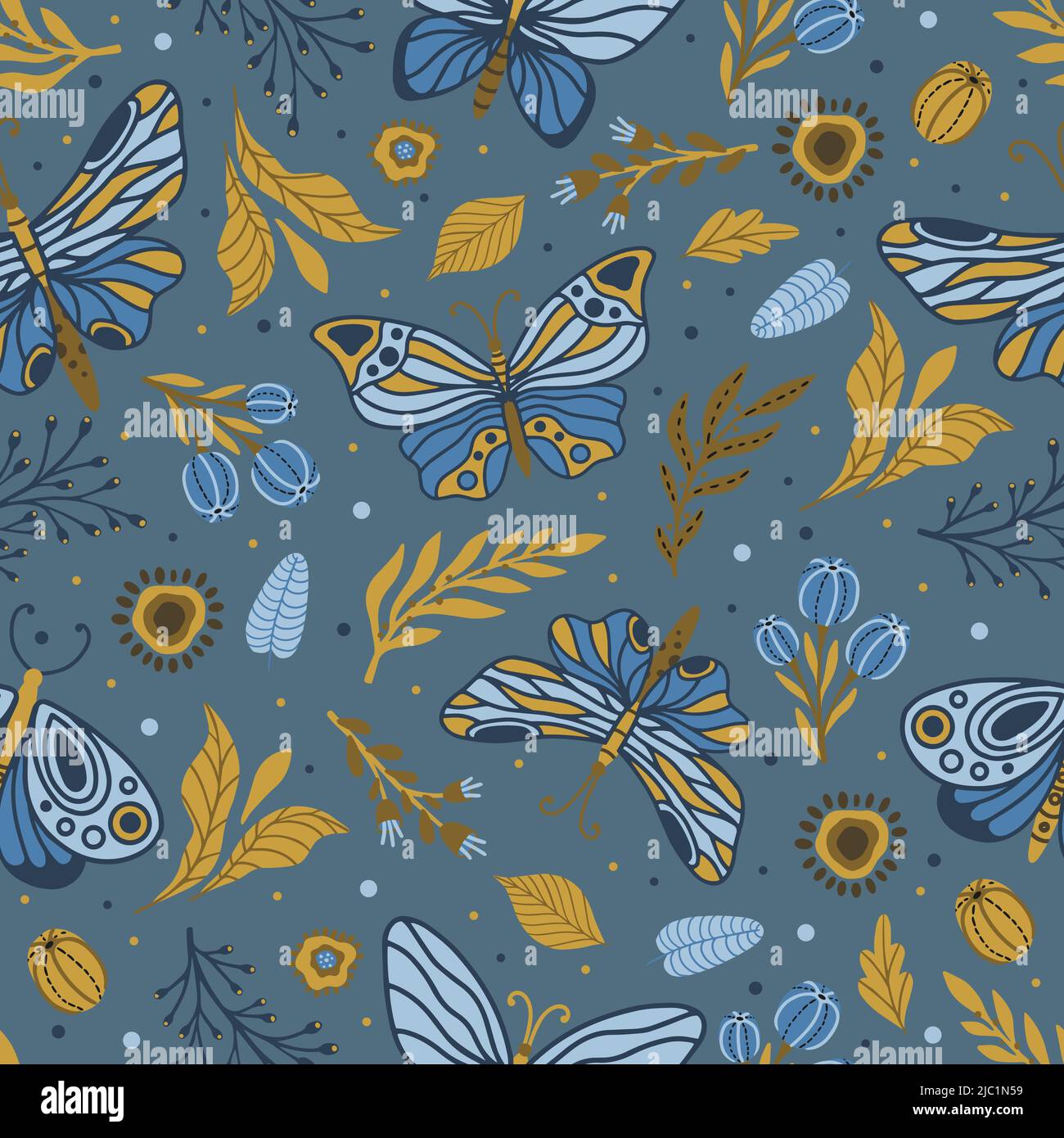 Hand drawn floral pattern with meadow flowers, herbs and dragonfly ...