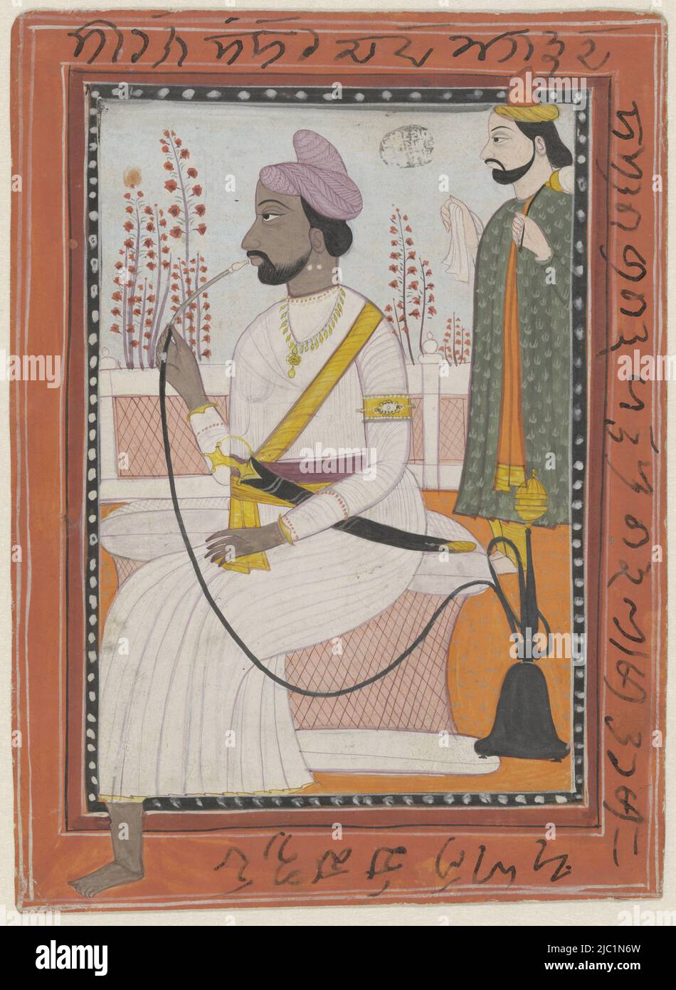 On a braided tabouret sits a water pipe-smoking sultan with profile to the left and a sword in case hanging in front of his belly, behind him stands a servant with a cloth in his right hand, the tip of the servant's hat and the left foot of the sultan run over the decorative borders in the wide rim area. The borders form part of the overall picture, Portrait of Bhuj Sing, draughtsman: anonymous, Mandi, 1830, paper, brush, h 202 mm × w 148 mm Stock Photo