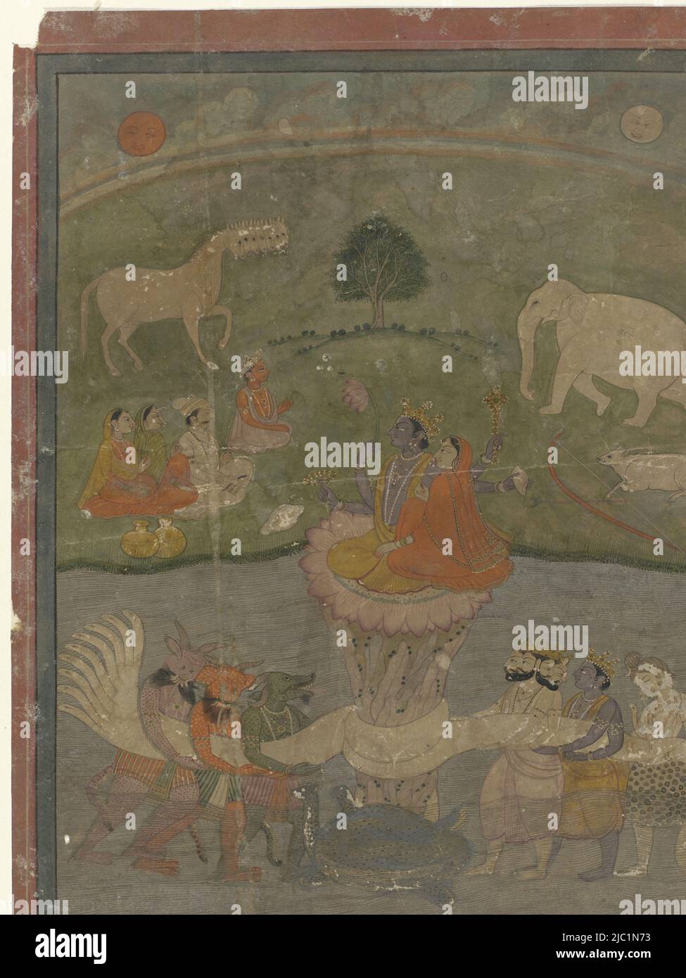 In the middle of a running water Vishna and Lakhsmi sit on a lotus flower, in the foreground in the middle a giant tortoise, men with animal heads and others with crowns hold a nine-headed snake wrapped around the lotus flower stem, in the meadow in the background a few figures and animals, including a multi-headed horse, in the sky the sun and the moon. The representation is framed by a narrow rim in greenish gray and a rim that is wide at the top and bottom and rather narrow at the sides, in brownish red., Churns of ocean, draughtsman: anonymous, Garhwal, 1830, kaderrand, :, brush, h 275 mm Stock Photo