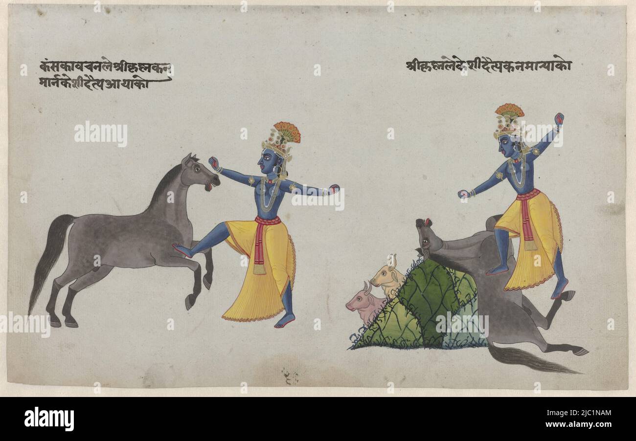 On the left Krishna gives the horse a stallion with his right leg outstretched, on the right he steps on the lying horse, behind it two cow heads and a triangular green network. Above the figures an inscription in old Indian writing in black ink, Krishna fights with horse demon Keshi., draughtsman: anonymous, Nepal, 1820 - 1849, paper, brush, h 187 mm × w 296 mm Stock Photo