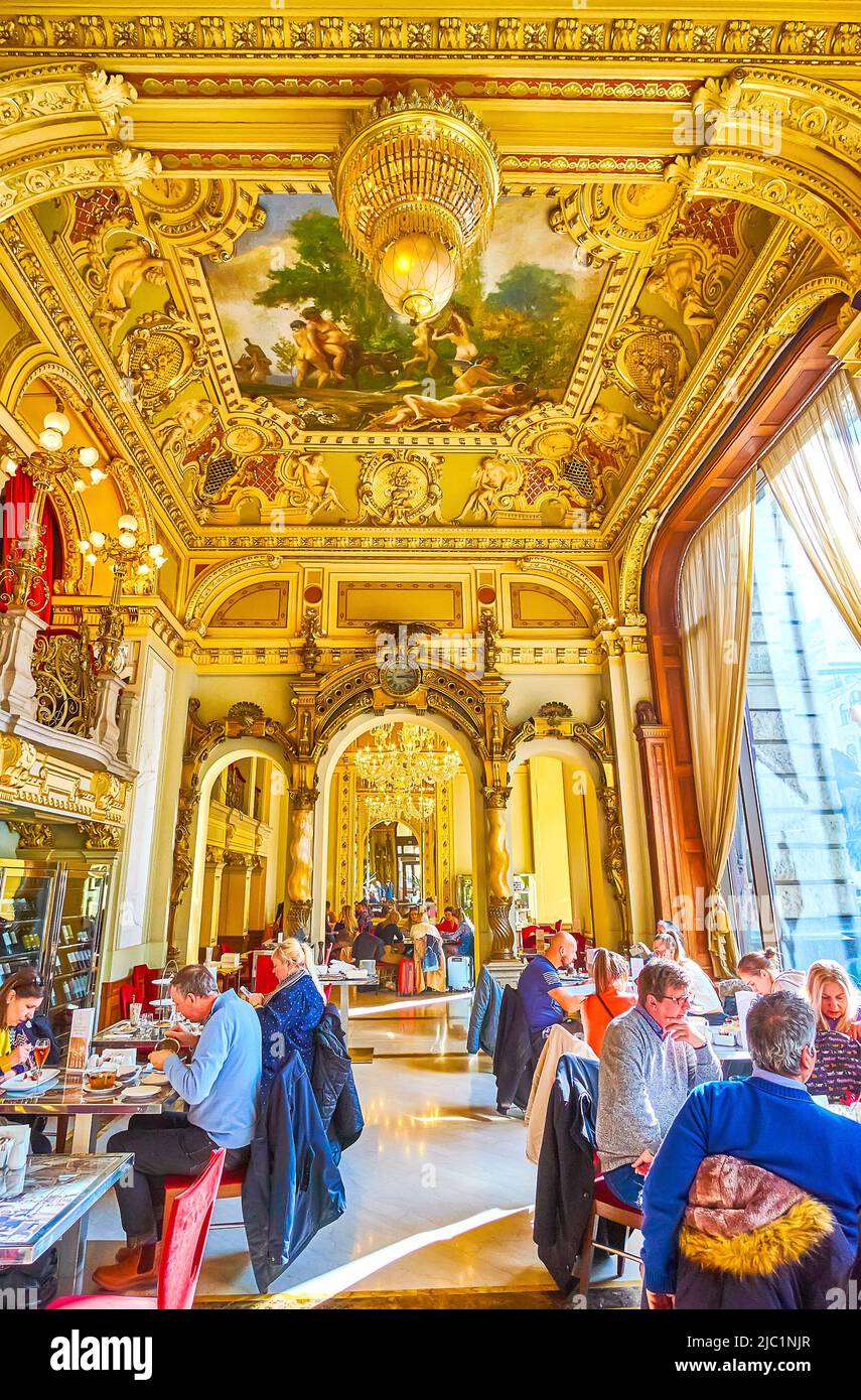 BUDAPEST, HUNGARY - FEBRUARY 23, 2022: New York Cafe is a popular restaurant in the heart of the city, on February 23 in Budapest, Hungary Stock Photo