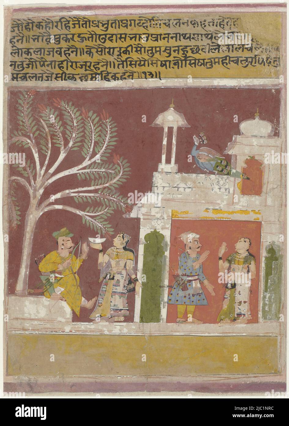 Two couples, one inside a palace and one outside, say goodbye as the men go hunting, as can be seen from the bag with arrows and bows they carry. Below the depiction a wide yellow strip, below again a purple border, at the top also a yellow strip with a 5-line inscription in old Indian writing in black, the leaf is severely damaged., Departure of the hunters, draughtsman: anonymous, Centraal-India, 1640 - 1660, paper, brush, h 244 mm × w 176 mm Stock Photo