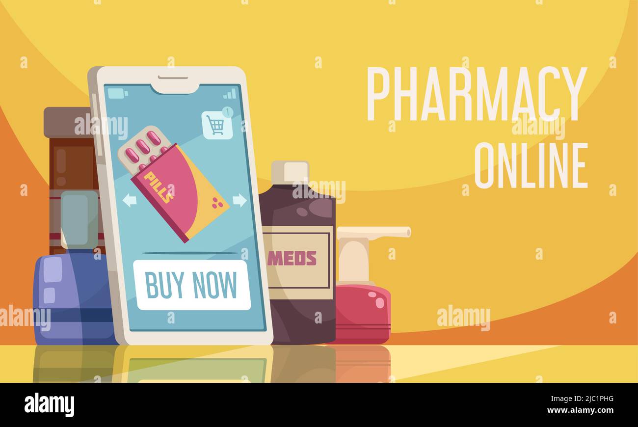 Online pharmacy poster with medical product symbols flat vector