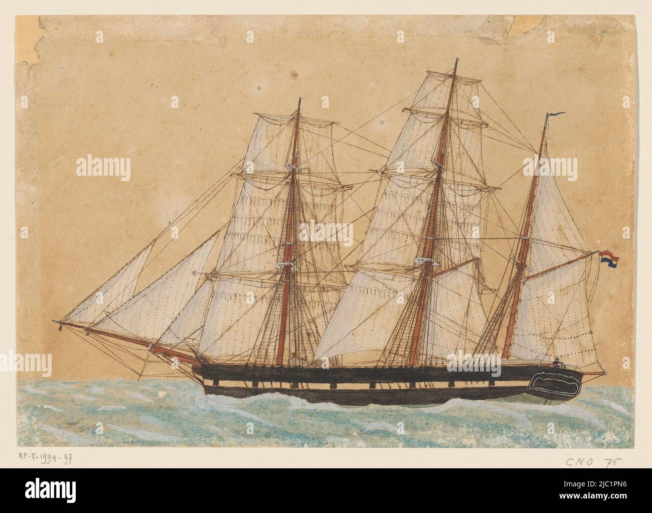 Bark at sea The Barkship 'Deshima', crossing in the arches of Biafra, on the 1st and November 1858., draughtsman: anonymous, 1858 - 1860, paper, pen, brush, h 173 mm × w 246 mm Stock Photo