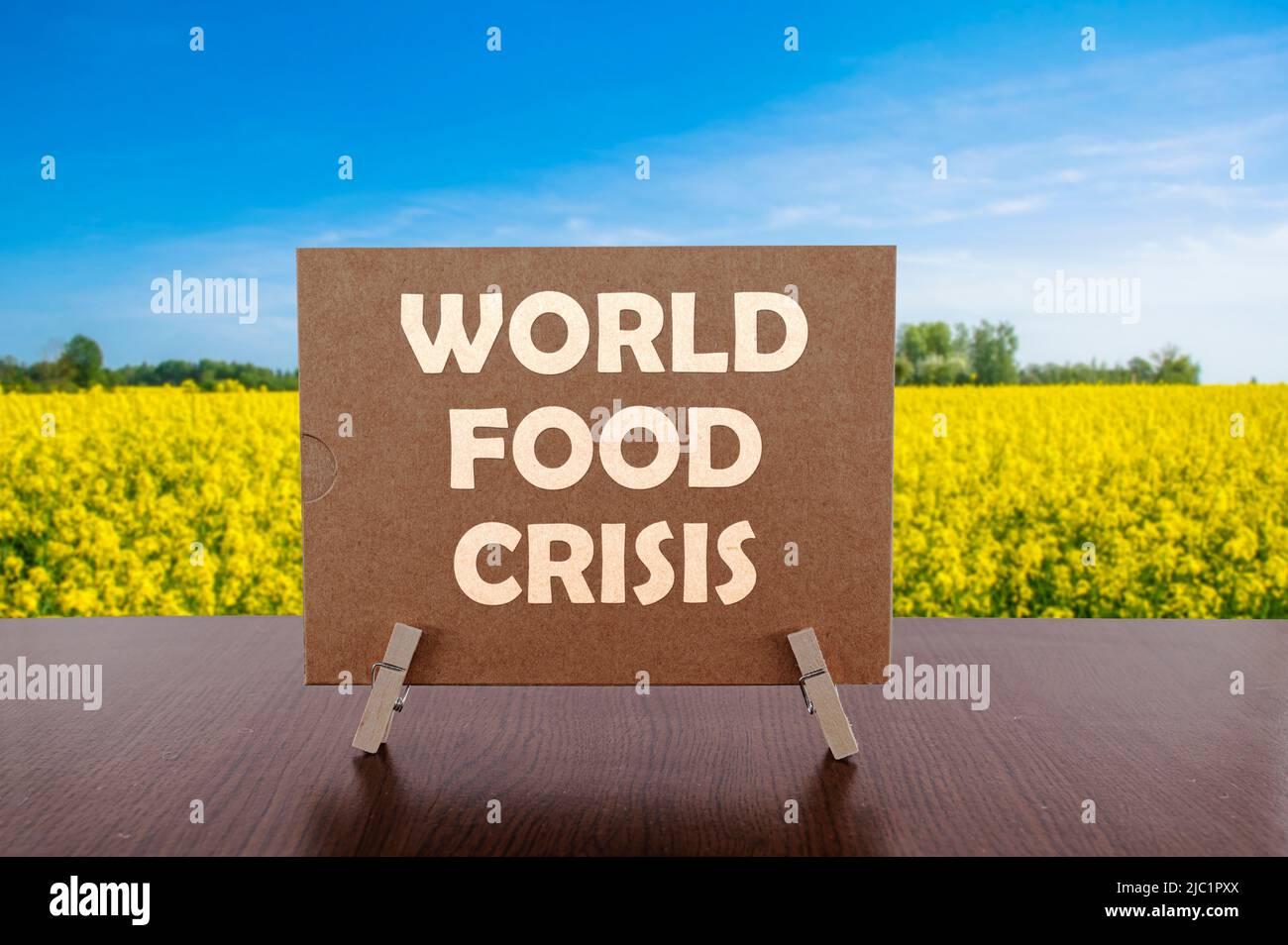 World food crisis text on card on the table with yellow field and blue sky background. Stock Photo