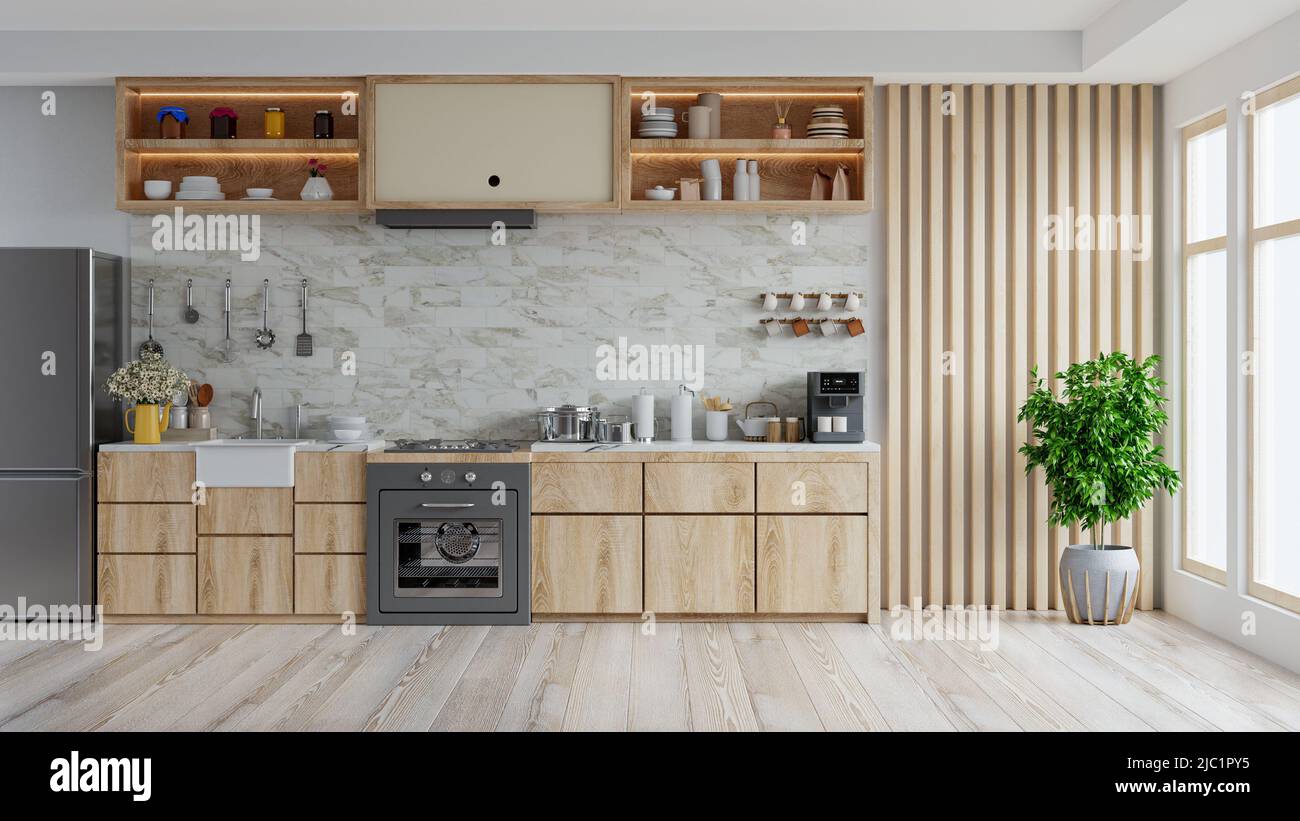 Modern kitchen interior with furniture,kitchen interior with tiles wall