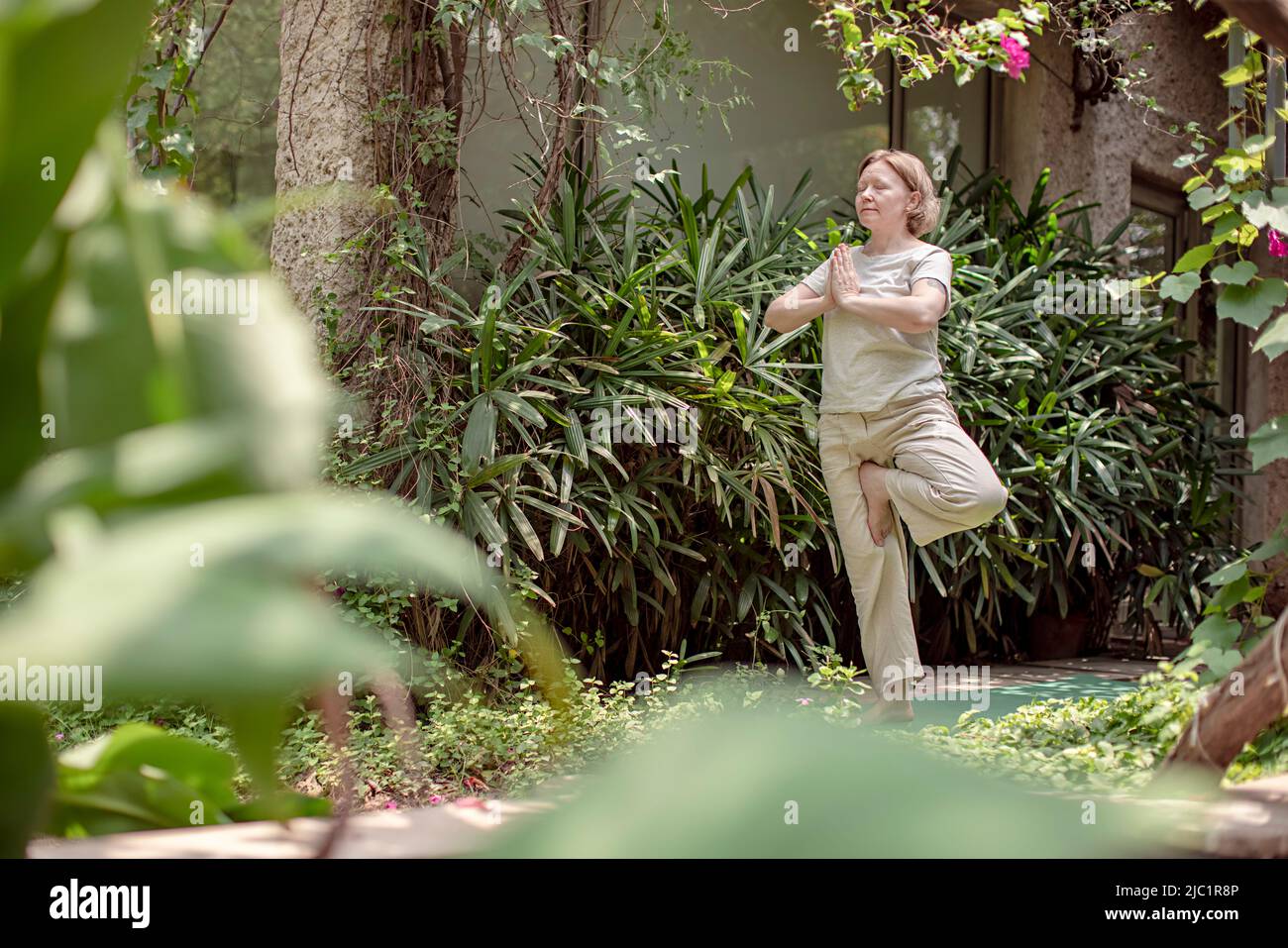 Mature woman practicing tree pose in the park Stock Photo