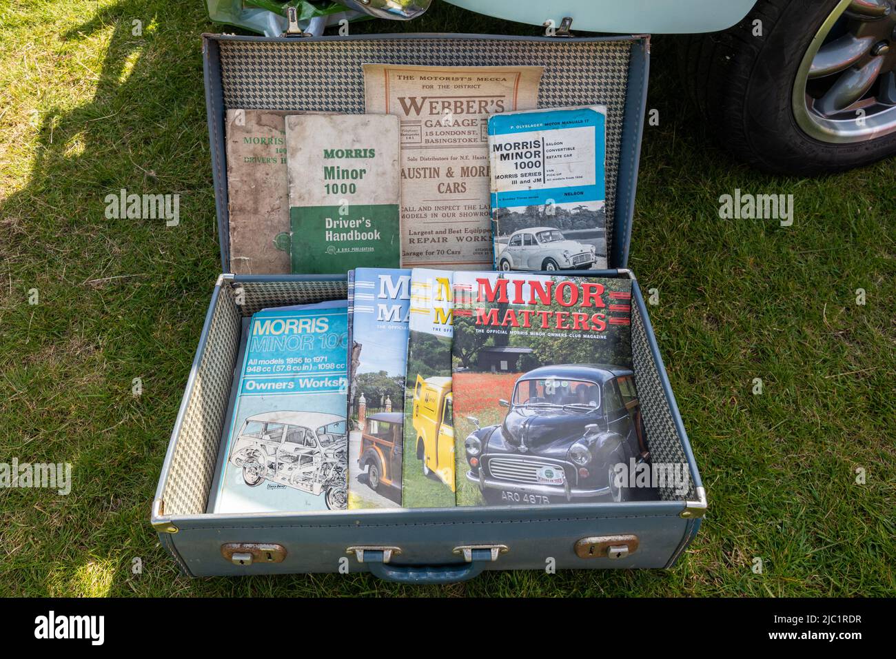Morris minor classic car memorabilia, books and magazines, UK, at a vintage and classic car show Stock Photo